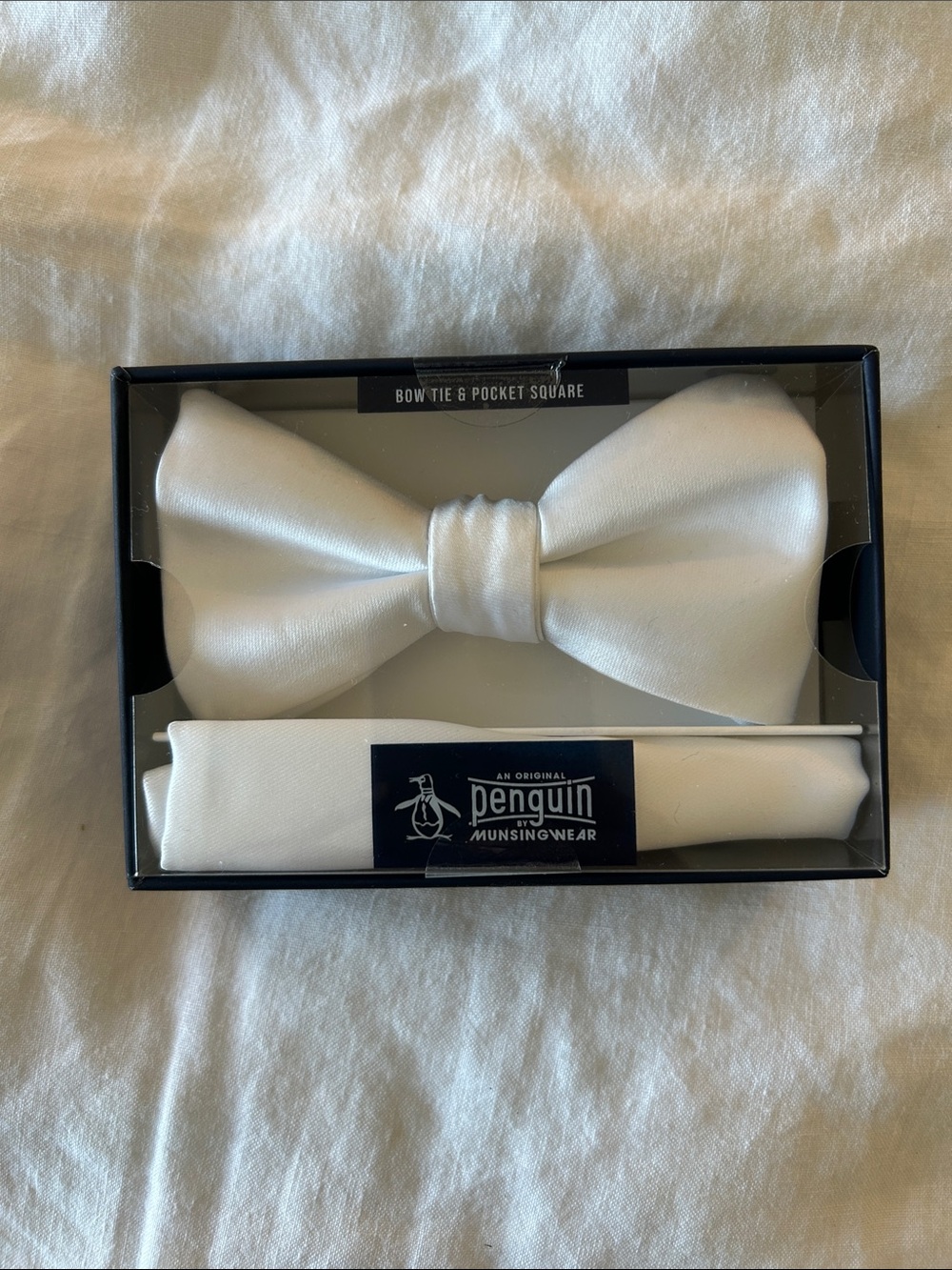 Original Penguin White Satin Bow Tie and Pocket Square Set